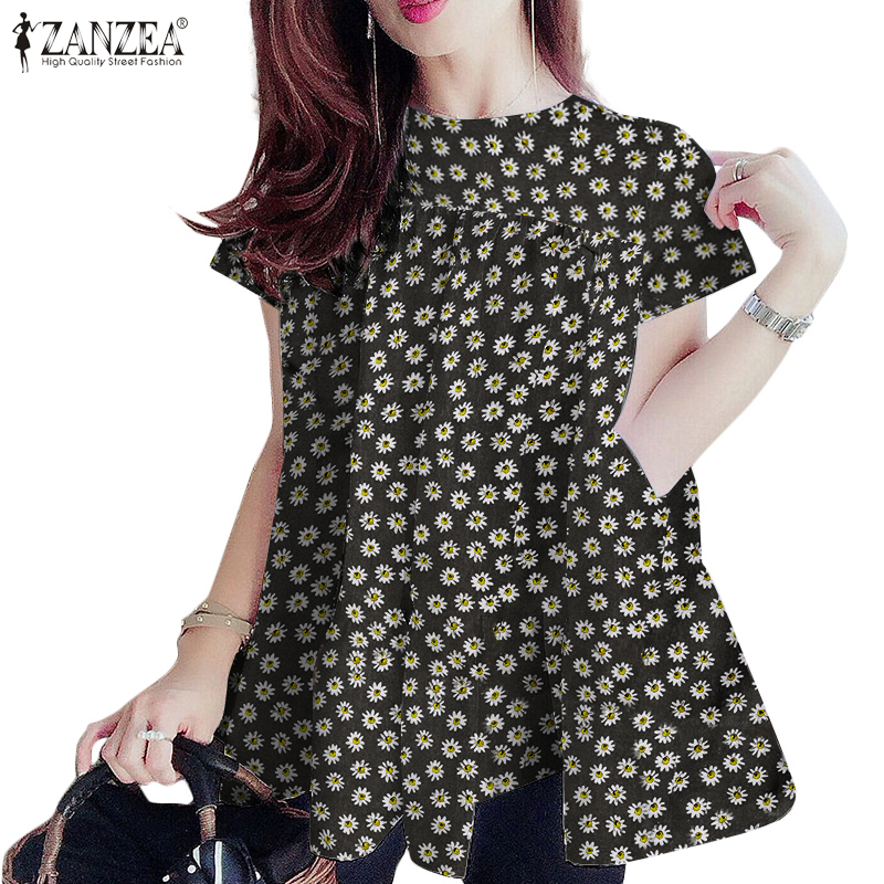 Áo ZANZEA Cổ Tròn Ngắn Tay Dáng Rộng Họa Tiết Hoa Thời Trang Cho Nữ