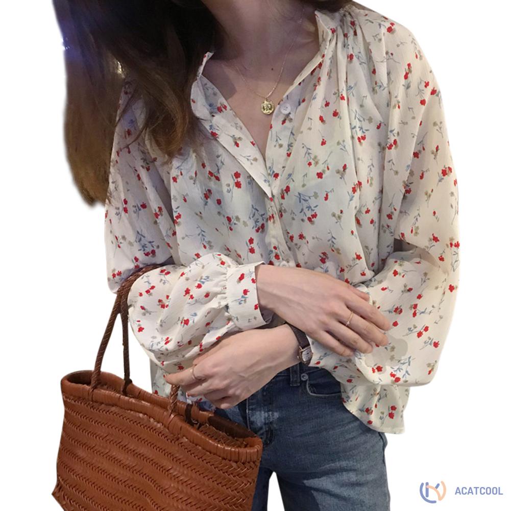 Áo chiffon cổ chữ V tay lồng đèn hoạ tiết hoa cho phái nữ (màu trắng)