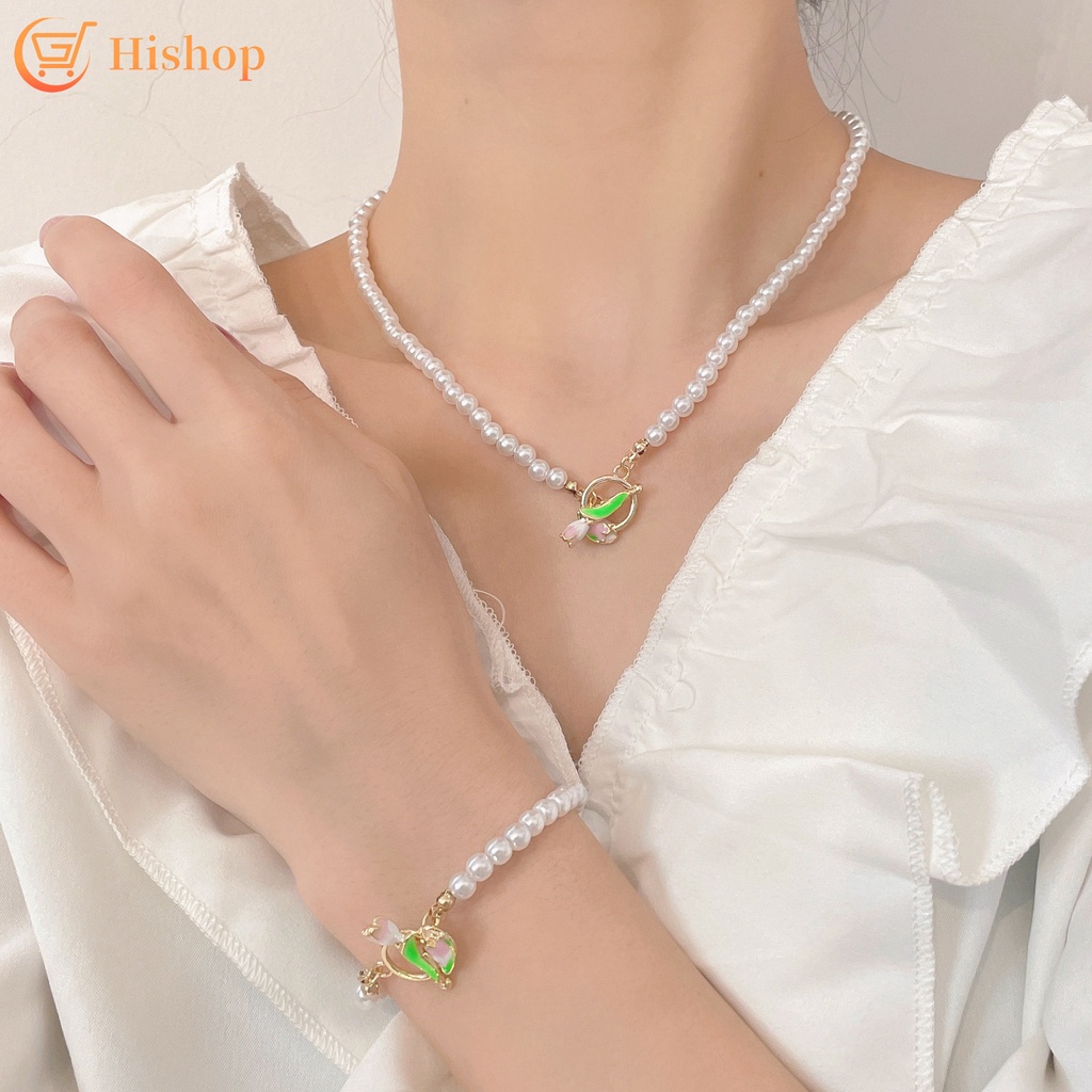 Vòng Cổ Choker Mặt Hoa Tulip Ngọc Trai Thanh Lịch Thời Trang Cho Nữ