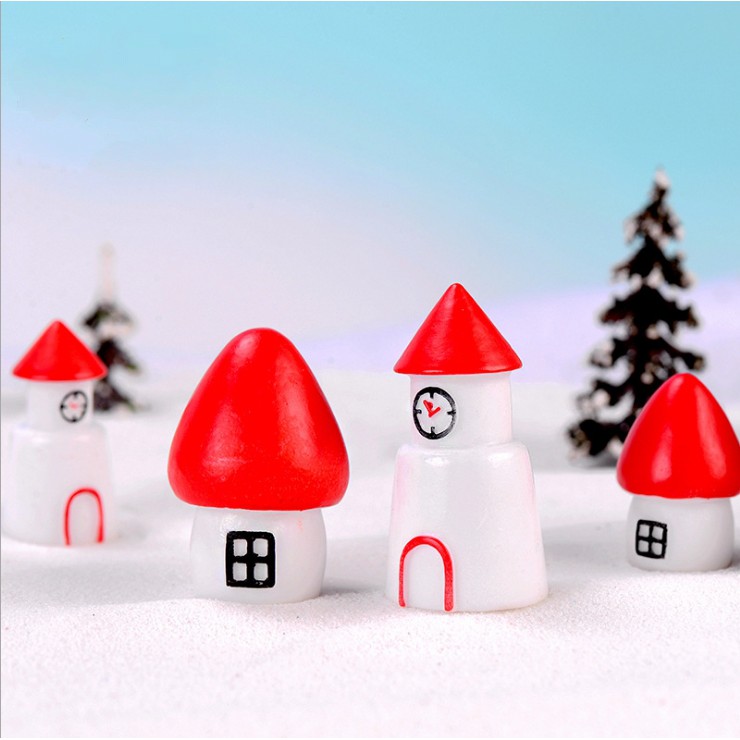 Mô hình nhà mái đỏ tường trắng xứ tuyết phong cách hình khối giản đơn dùng trang trí tiểu cảnh, terrarium, DIY