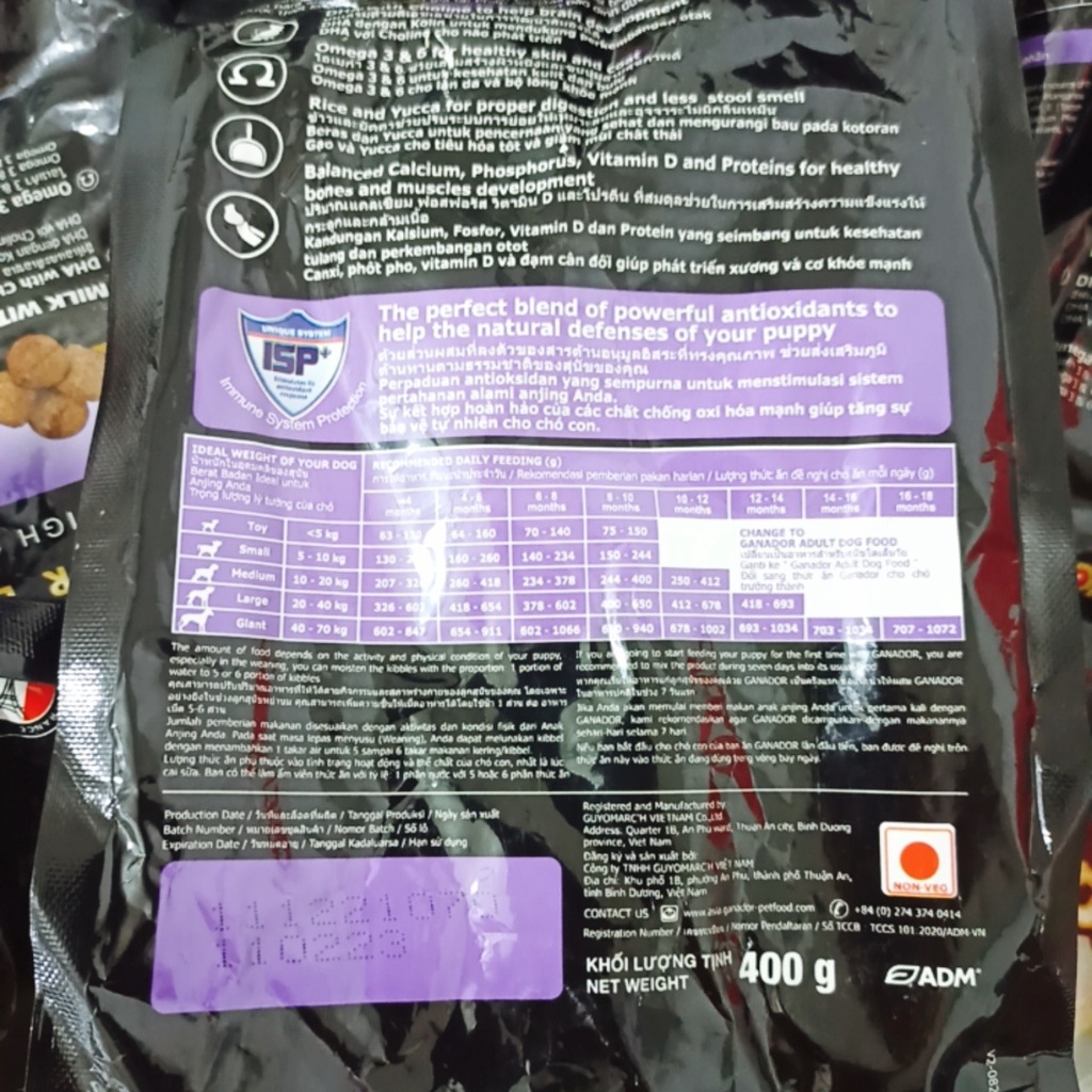 Ganador Thức ăn hạt cho chó con vị Sữa và DHA 400g