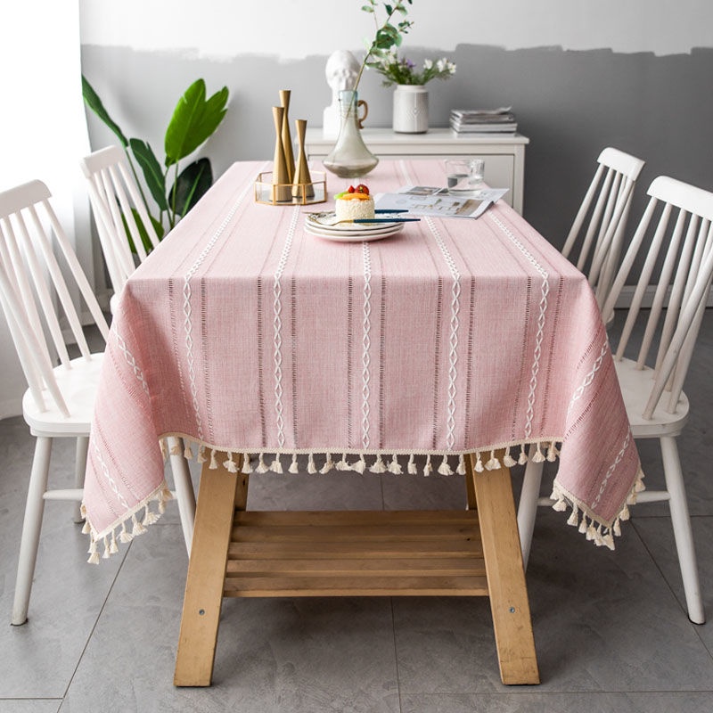 Khăn trải bàn hình chữ nhật bằng vải cotton phối tua rua