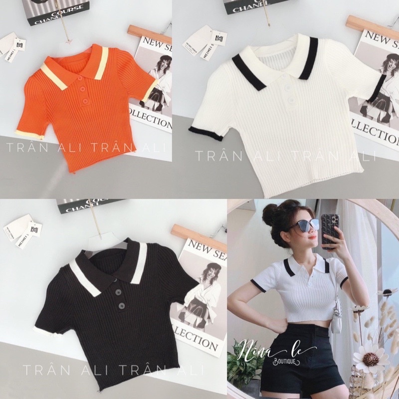 Áo len gân Quảng Châu croptop cổ polo - HÀNG QUẢNG CHÂU có sẵn - T5C
