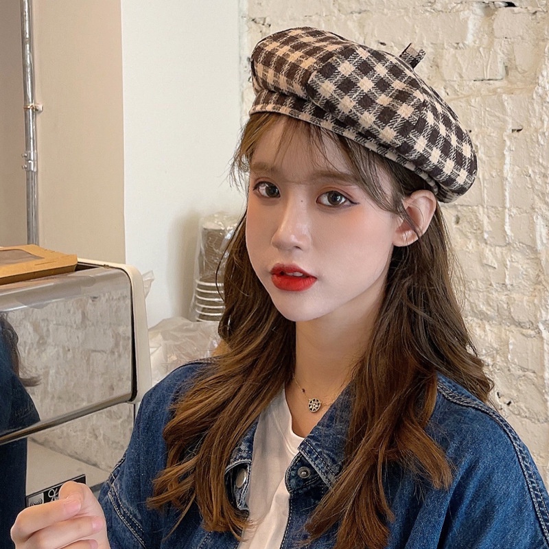 Korean style plaid pattern beret for women