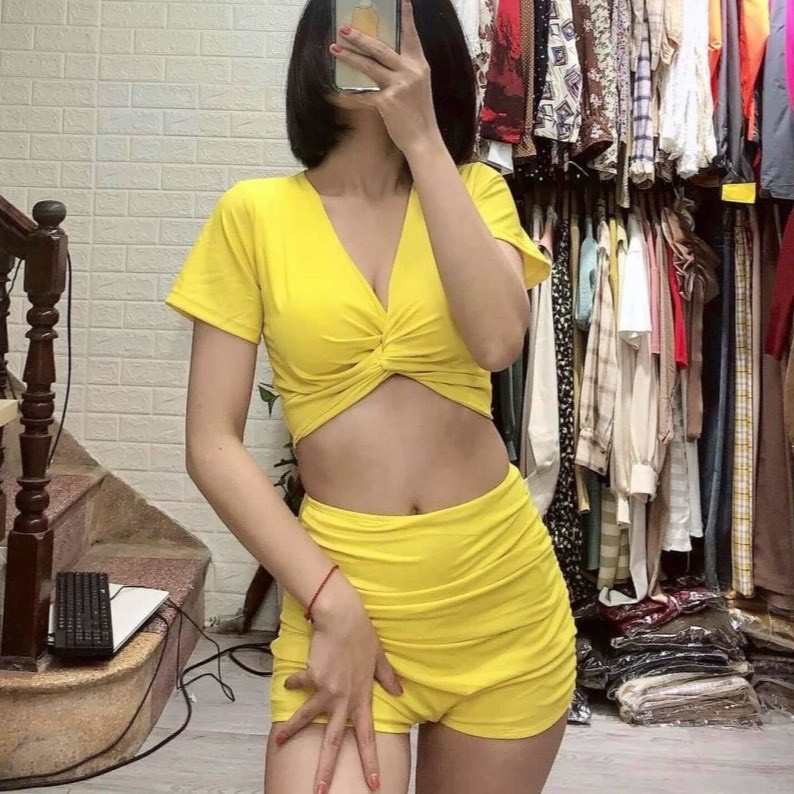 Bikini Tay Ngắn Xoắn Ngực Kín Đáo Hai Màu, Set Đồ Bơi Áo Croptop Kèm Quần Cạp Bao Che Bụng [Ảnh Chụp Thật] - OS036