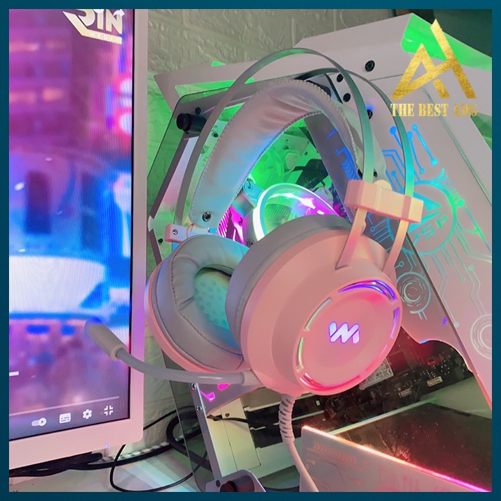 Tai Nghe Máy Tính Laptop Chụp Tai Gaming Headphone Có Mic LED RGB WANGMING 9800S Hồng- Tai Nghe Nhạc Chơi Game Có Dây