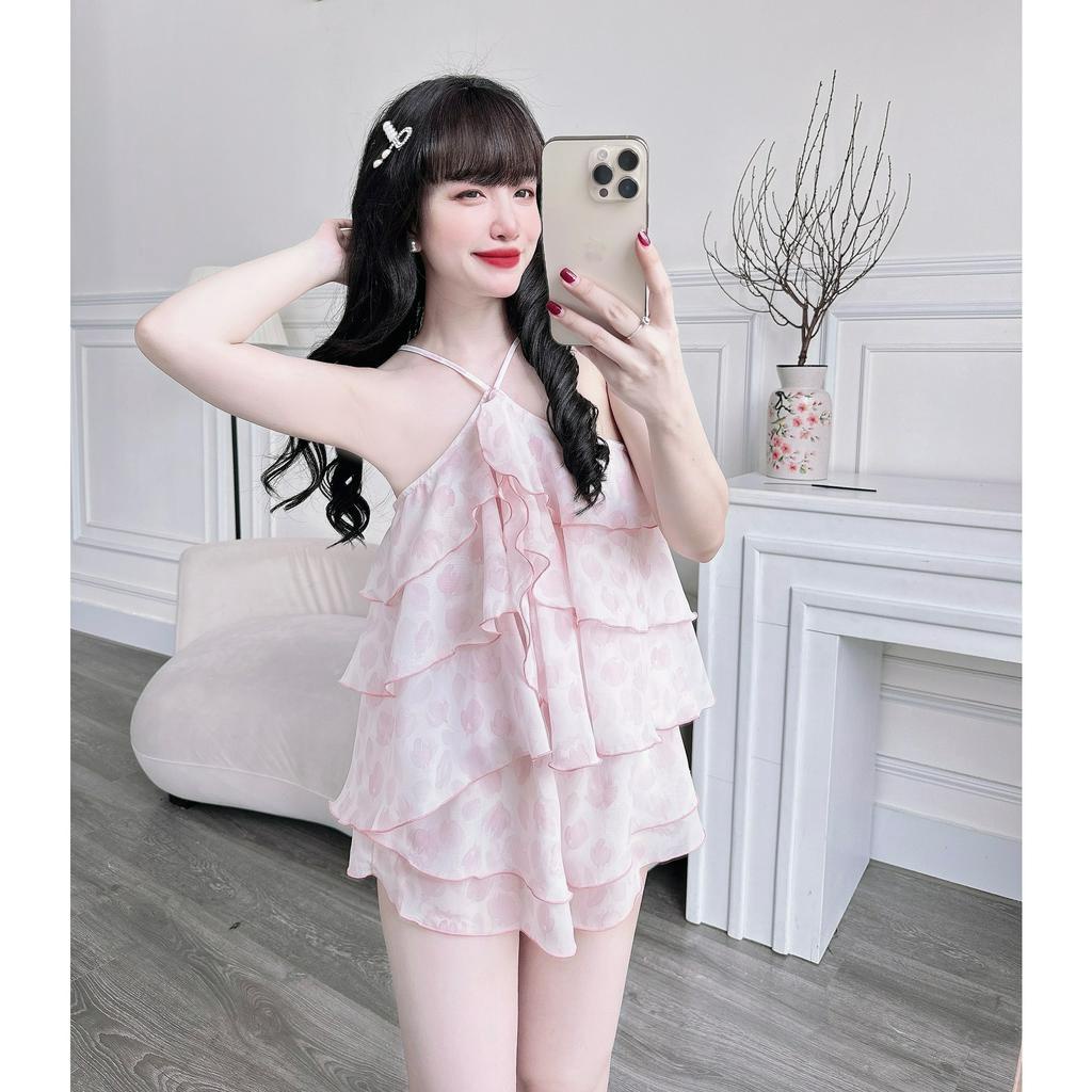 👉👉SIÊU PHẨM ĐỒ NGỦ 👉👉Sét áo gấp ly chiffon voan quần đùi lụa cao cấp freezie 60kg