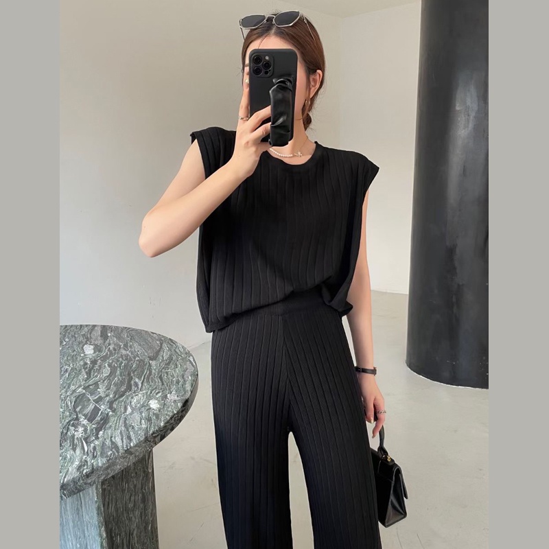 Bộ Trang Phục Hai Mảnh Gồm Áo Thun Và Quần Ống Rộng Bằng Lụa Lạnh Dệt Kim Đơn Giản Thời Trang Mùa Hè Hàn Quốc Dành Cho Bạn Nữ