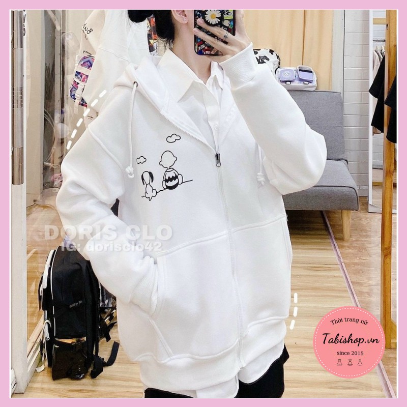 Áo hoodie trơn in hình cún và chú bé dáng basic áo khoác nỉ nữ form rộng 2 màu đen trắng dễ thương