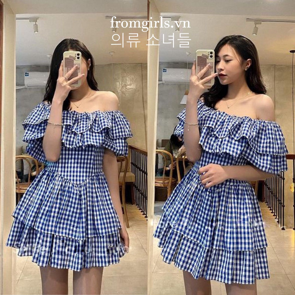 Váy trễ vai kẻ caro xanh, đầm caro trễ vai dáng ngắn vai bèo sexy - V72
