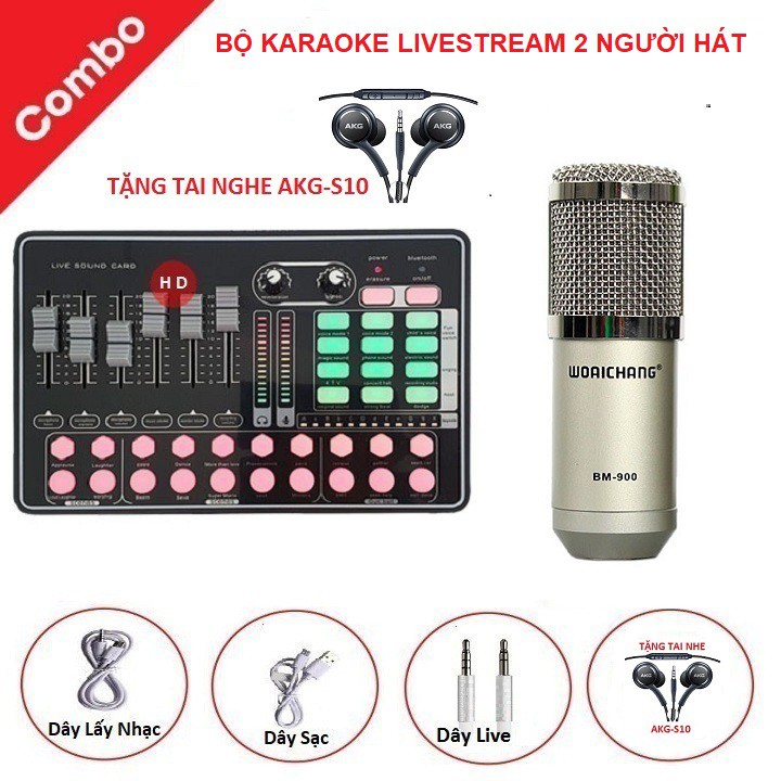 Bộ Hát Karaoke Livestream, 2 Người Hát Song Ca - Combo Micro Thu Âm BM 900 Sound Card H9 - Tặng Tai Nghe AKG -S10