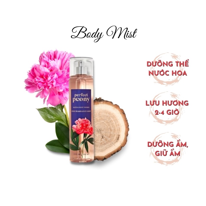 Bộ Sản Phẩm Tắm Dưỡng Xịt thơm toàn thân Bath and Body Works Perfect Peony Shower Gel - Lotion - Mist