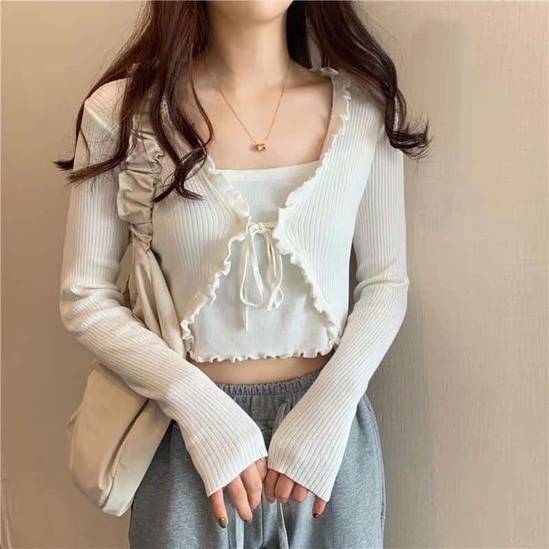 Set Áo Cardigan Dài Tay Kèm Áo Croptop 2 Dây 🦋 Áo Carigan len tăm Viền Bèo Kèm Áo Ngắn 🦋 🌸Nasu May🌸