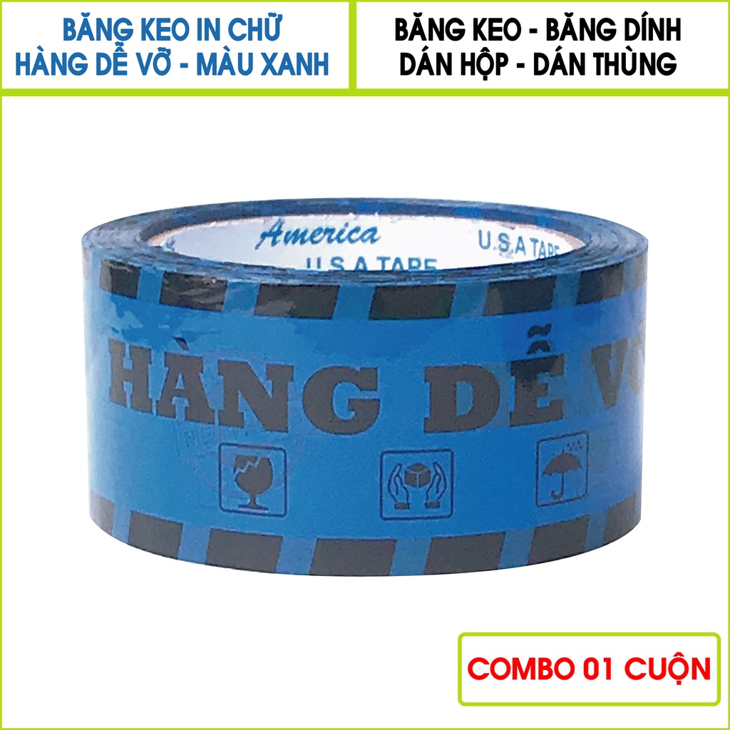 Băng keo HÀNG DỄ VỠ siêu dính màu XANH DƯƠNG, Dày 50 Mic, Bản 4F8, Băng keo dán thùng, dán hộp giá rẽ, InbaobiHCM