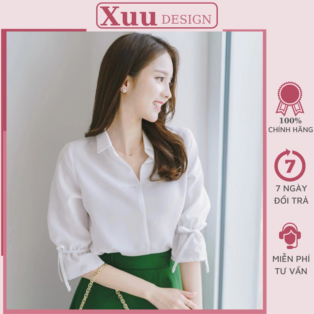 Áo sơ mi nữ trắng thắt tay nơ Xuu Design, Áo kiểu nữ chất vải Lụa mềm mịn thoải mái SK13