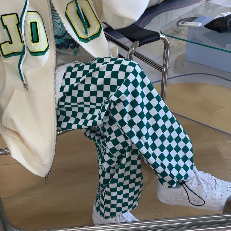 Quần dài rút dây IELGY ống rộng kẻ sọc caro màu trắng đen thời trang cho nữ