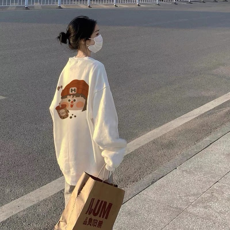 Áo thun nữ ZHELIHANGFEI tay dài cổ tròn form rộng họa tiết in dễ phối đồ