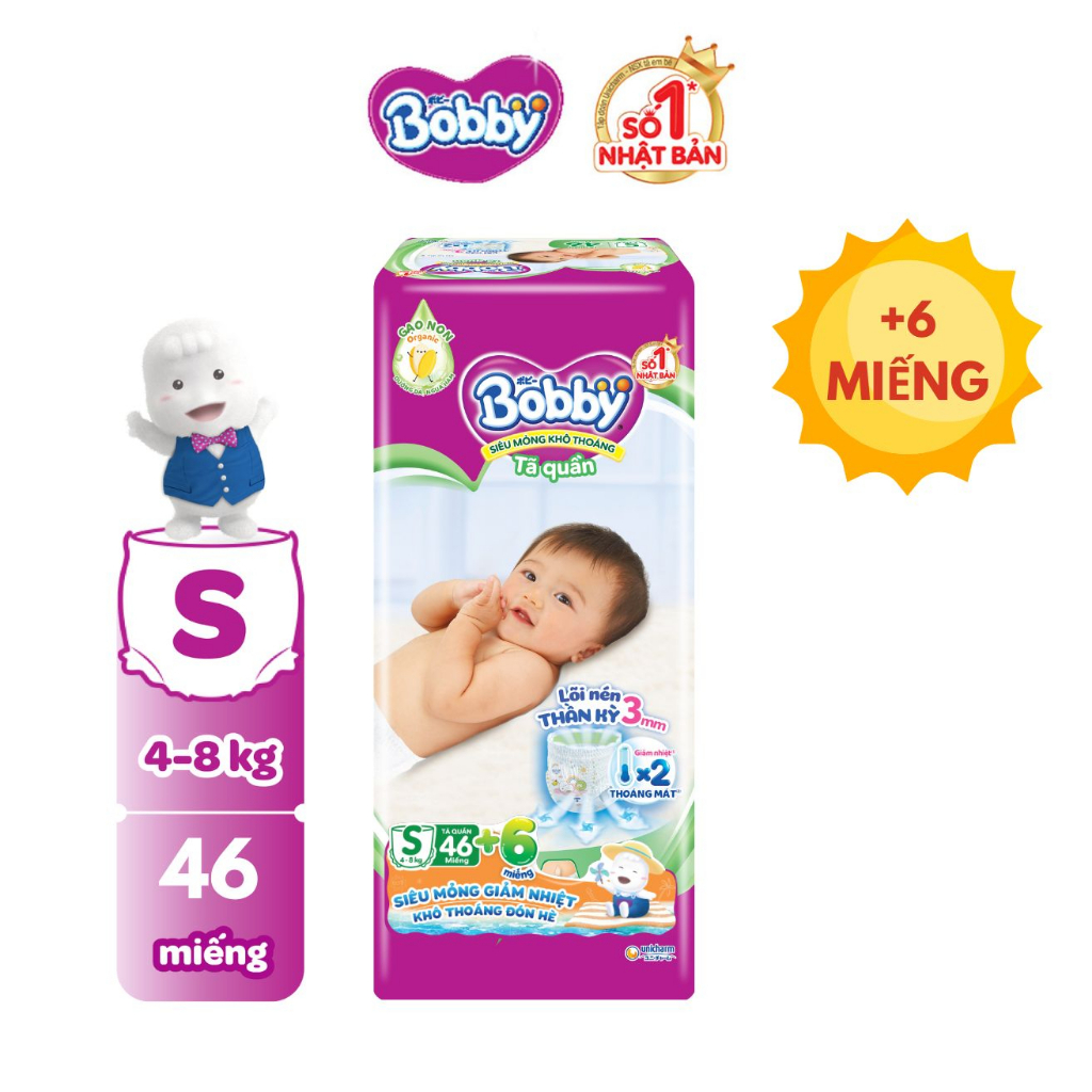 [TẶNG THÊM 6 MIẾNG] Tã/bỉm quần Bobby 3mm Gạo non Giảm nhiệt S46/M42/L36/XL32/XXL28/XXXL22 phiên bản mùa hè