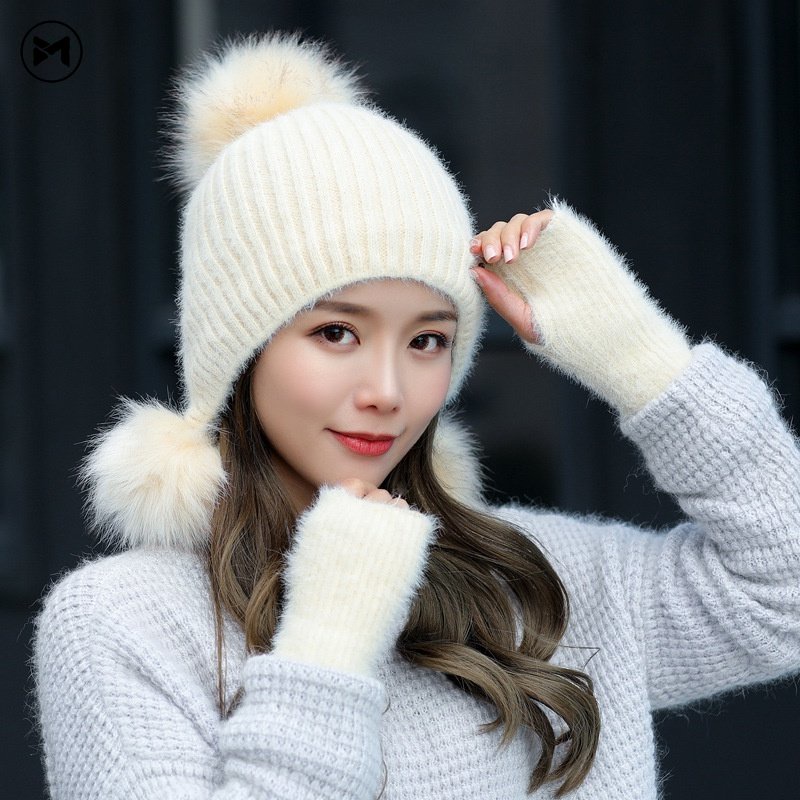 Set Mũ Len Kèm Găng Tay Giữ Ấm Mùa Đông Thời Trang Dành Cho Nữ