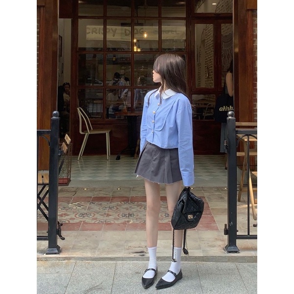 Áo sơ mi tex nữ dáng ngắn croptop màu xanh phối cúc vàng phong cách nữ sinh hoàng gia tiểu thư hot trend ulzzang