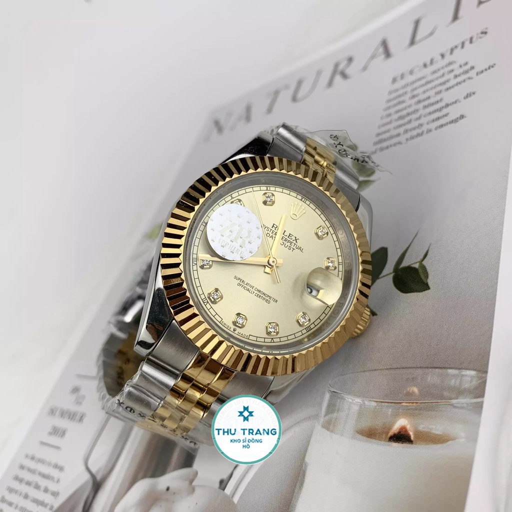 Đồng hồ Nam Rolex máy nhật, mẫu classic, mặt vàng viền vàng, dây kim loại, dòng cơ Automatic size 39mm-40mm