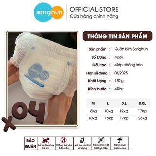 COMBO 4 - Tã quần Sanghun size M40/ L38/ XL36/ XXL34 - Tã quần cao cấp Mềm Nhẹ Siêu Thấm Khô Thoáng