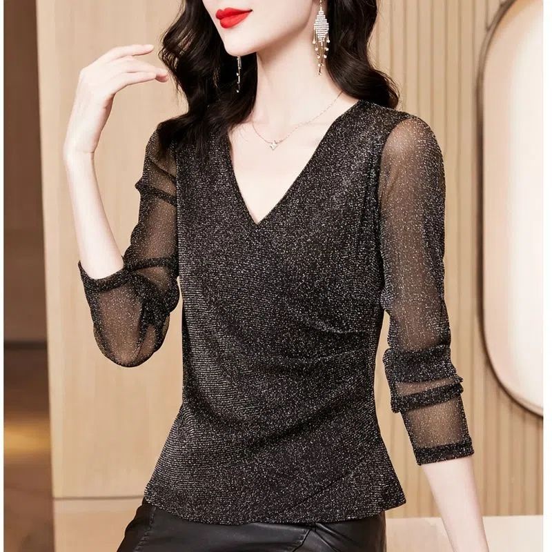 Áo Tay Dài Cổ Chữ V Bằng Lụa Sáng Cao Cấp Phối Lưới Phong Cách Phương Tây Thời Trang Thu Đông 2022