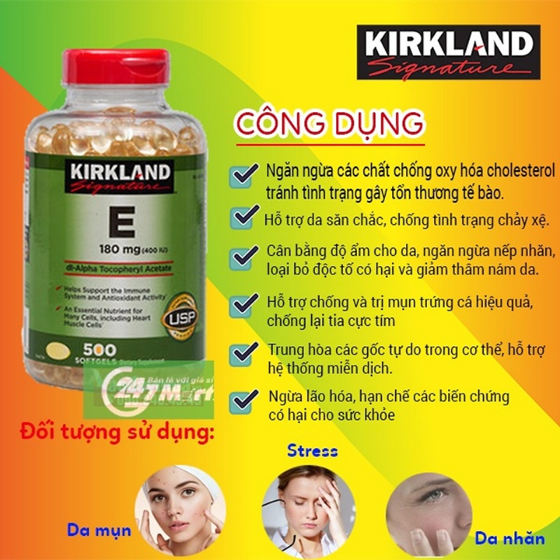 Vitamin E Kirkland Signature 400 IU của Mỹ 500 viên giúp trẻ hóa da chống lão hóa cho phụ nữ từ 12 tuổi trở lên
