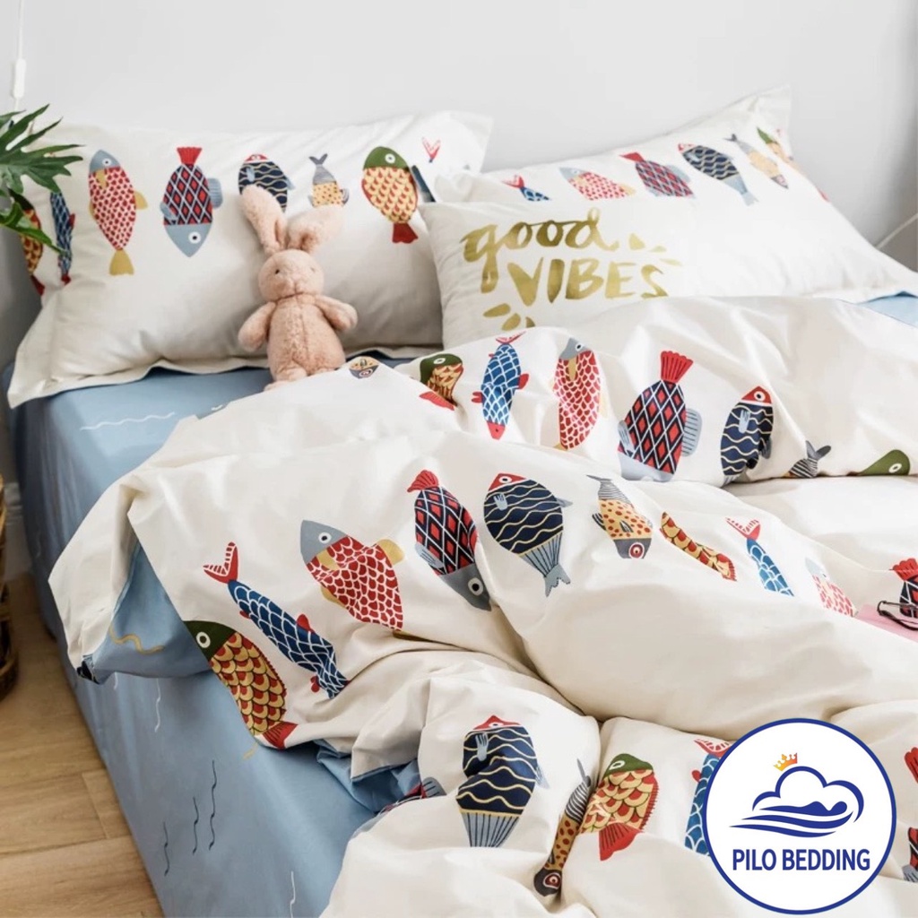 Bộ chăn ga gối Cotton Poly PILO BEDDING gồm vỏ chăn mền,drap ga giường và 2 vỏ gối nằm - PL Con cá