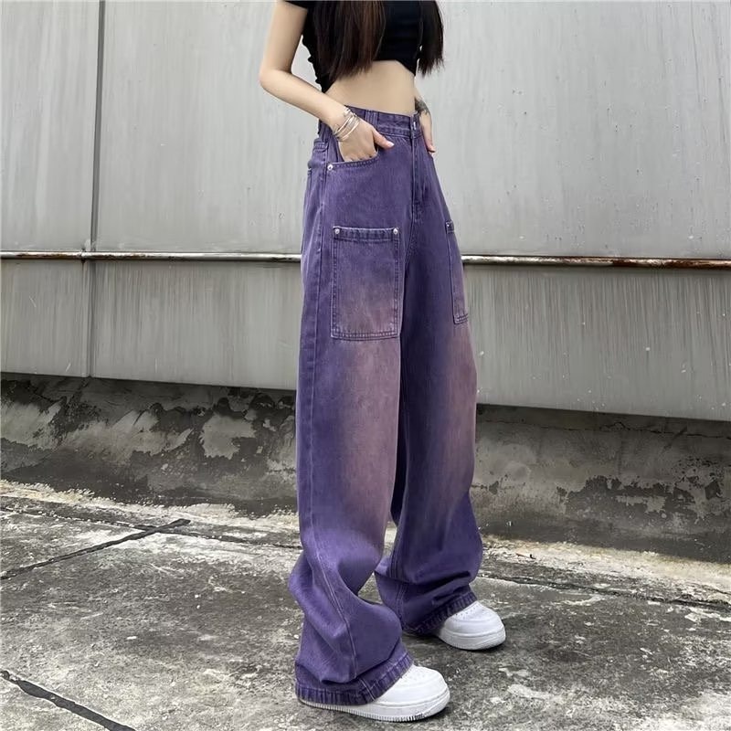 Quần jean Daduhey lưng cao dáng rộng tím sáng phong cách đường phố thời trang Hàn Quốc cho nữ