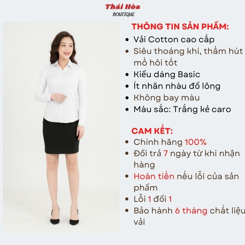 Áo sơ mi công sở nữ dài tay màu trắng đẹp kẻ caro vải cotton Thái Hòa 65-01