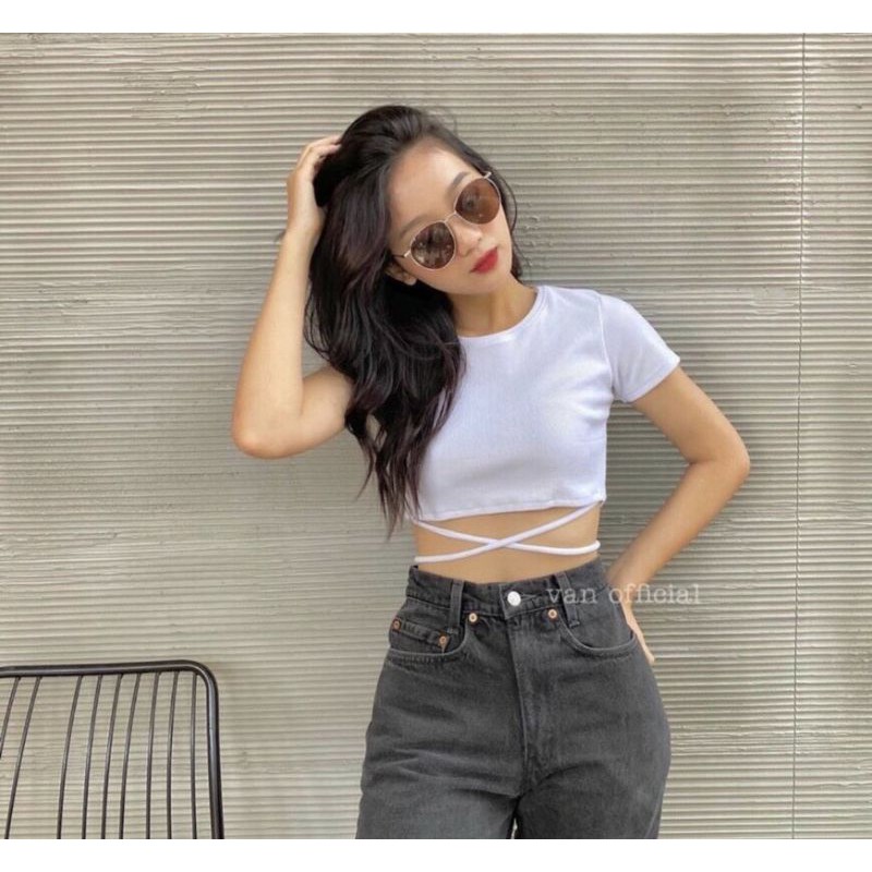 Áo croptop dây dài chéo bụng Tay Ngắn siêu hit⚡⚡