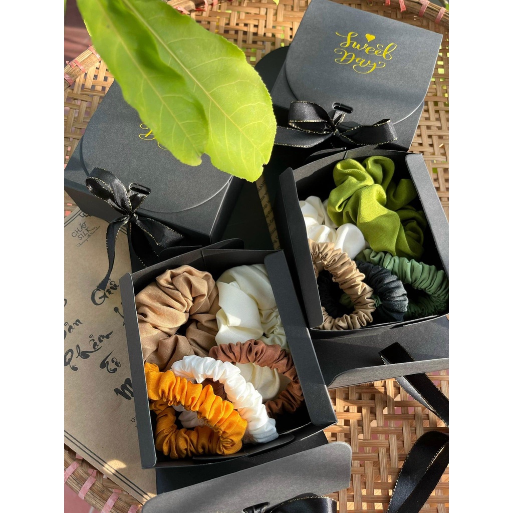 Set 5 dây buộc tóc, cột tóc CHẤT SILK 100% Lụa tơ tằm gồm 2 buộc tóc bản to và 3 buộc tóc bản nhỏ ngăn ngừa rụng tóc