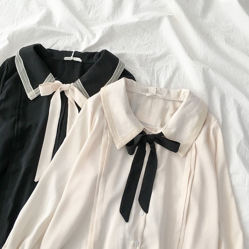 Áo sơ mi cổ nơ dài tay dáng rộng ulzzang 3906