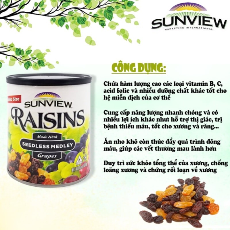 Nho sấy khô Mỹ Sunview Raisins hộp 425g