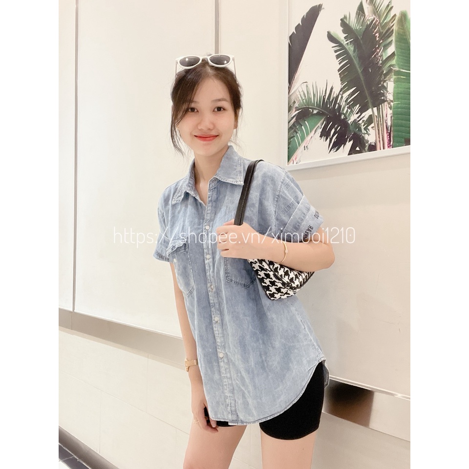 Áo Jean Nút Tay In Chữ Đơn Giản_From Rộng_Thời Trang [Video+Ảnh Thật]