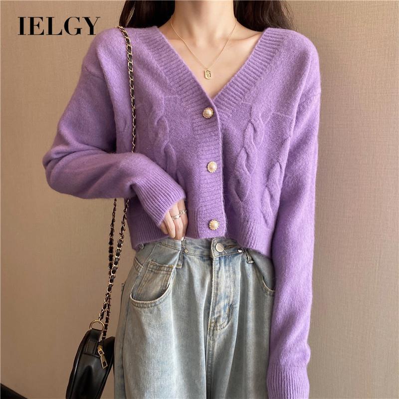 Áo khoác len IELGY dạng lửng cổ chữ V dễ phối đồ phong cách nhẹ nhàng cho nữ