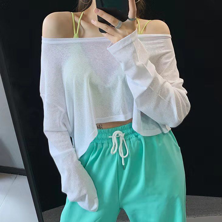 Áo Lưới Tay Dài Dáng Rộng Trễ Vai Màu Sắc Huỳnh Quang Thời Trang Xuân Hè Quyến Rũ Dành Cho Nữ