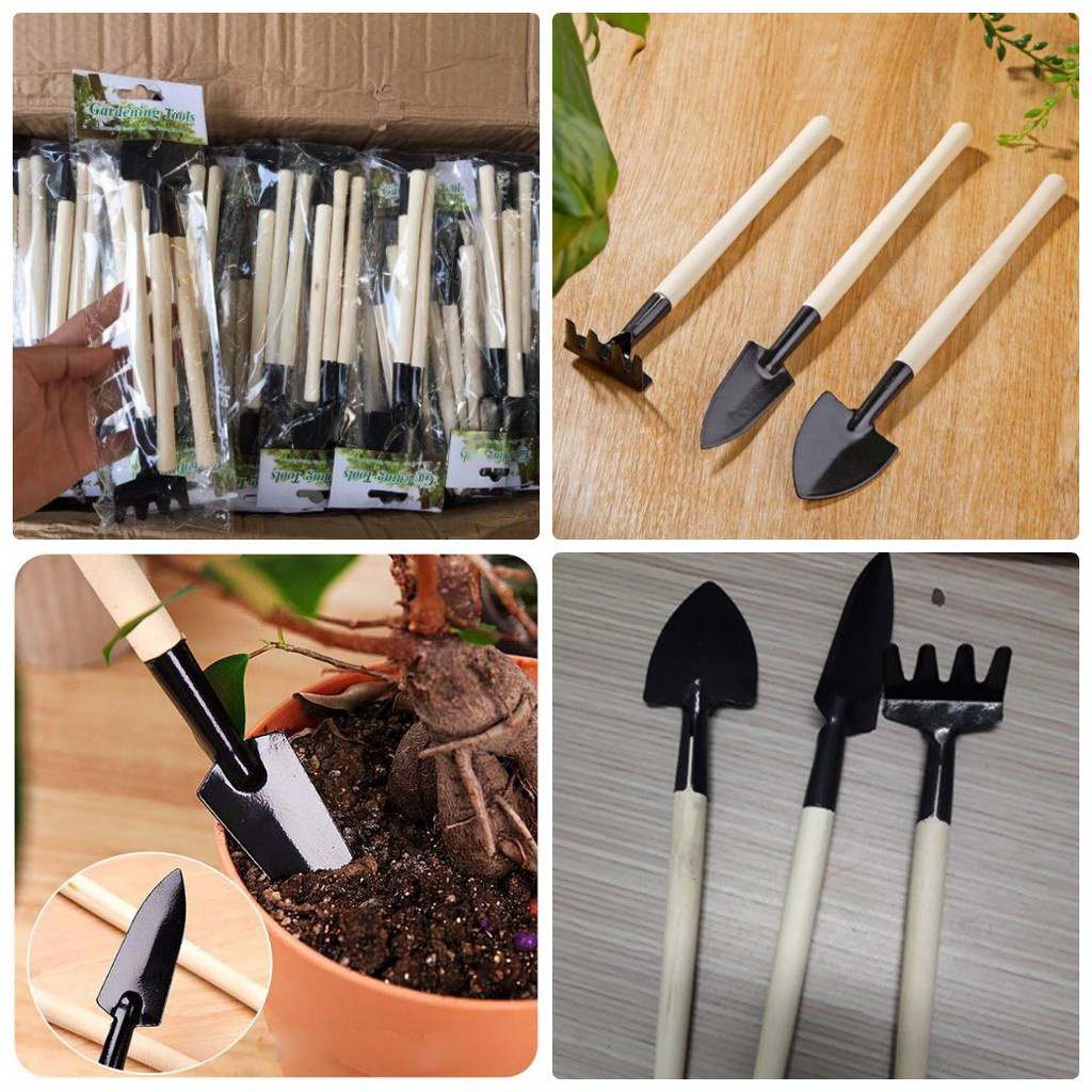 Bộ dụng cụ làm vườn mini, 3 món, cán gỗ