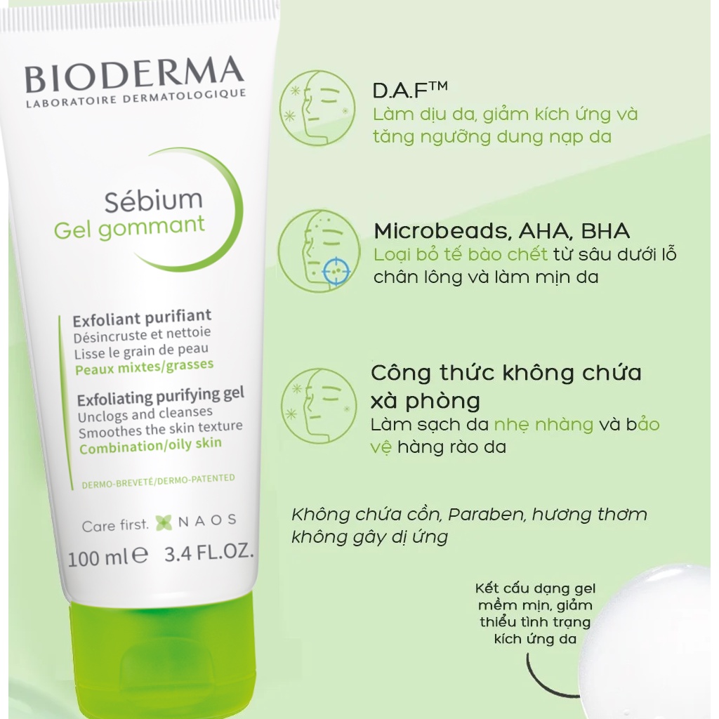  Bioderma Gel Gommant - Gel tẩy tế bào chết Bioderma làm sạch, giảm bã nhờn 100ml | BigBuy360 - bigbuy360.vn