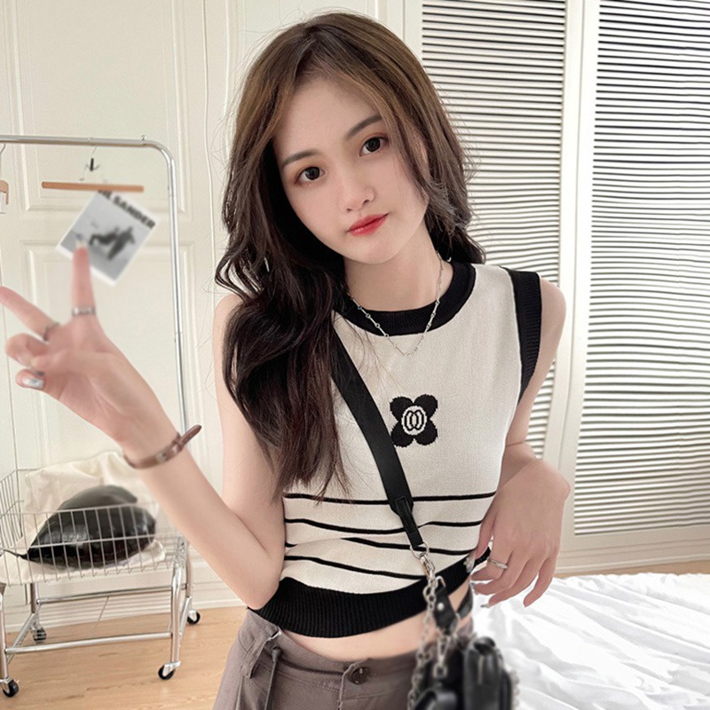 Áo Tank Top Dệt Kim Sát Nách Cổ Tròn Thời Trang Mùa Hè Cho Nữ