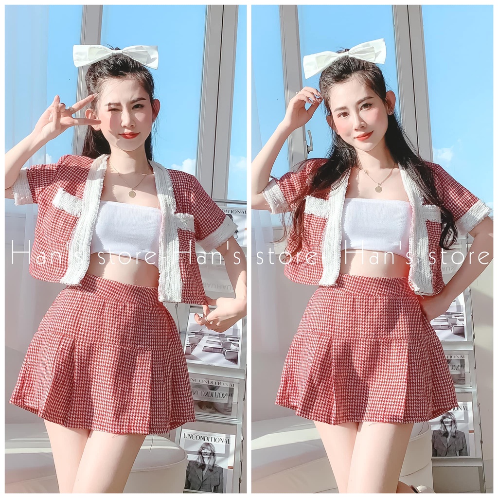 (XẢ KHO) BỘ CHẤT TWEED CARO VIỀN TRẮNG - MÀU HỒNG / XANH / ĐEN / ĐỎ (ẢNH THẬT)