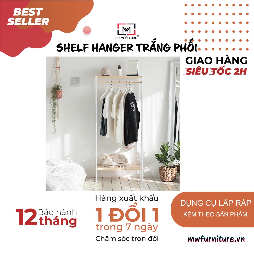 TỦ QUẦN ÁO LẮP RÁP KIỂU HÀN QUỐC - SHELF HANGER - TRẮNG PHỐI GỖ