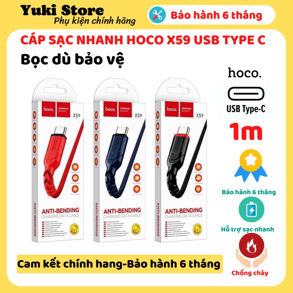 Dây Cáp Sạc Hoco X59 Type C Dài 1m Bọc Dù Bảo Vệ Dành Cho Samsung Xiaomi Huawei Chính Hãng