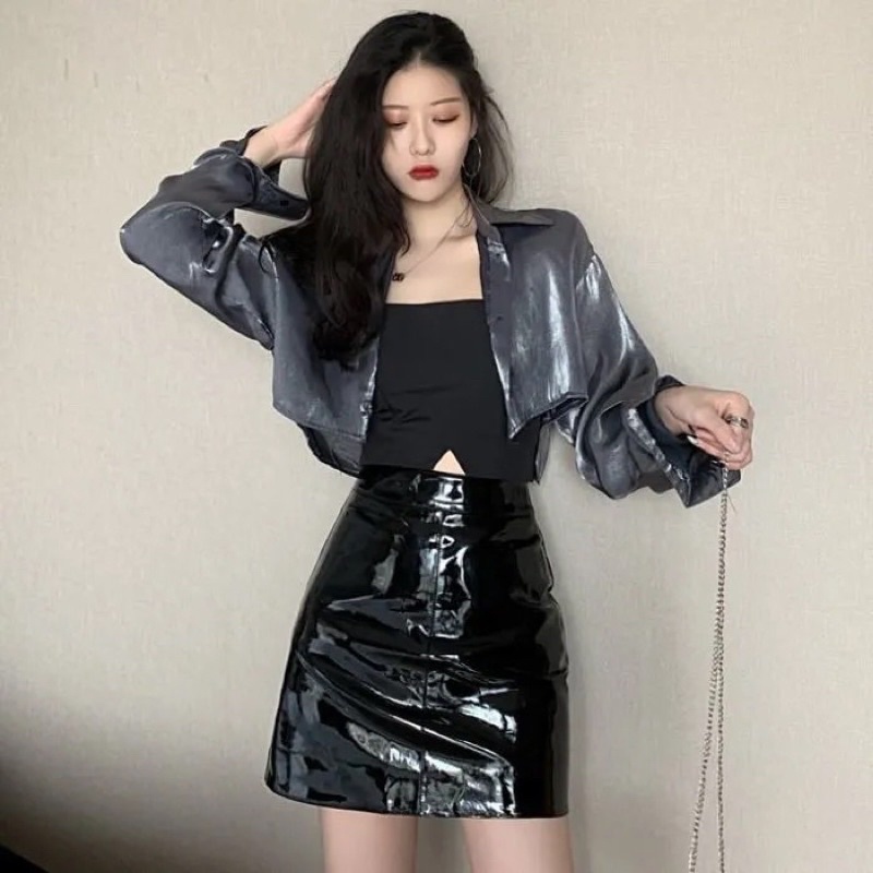 Chân Váy Da Cao Cấp Bóng Cứng Chữ A