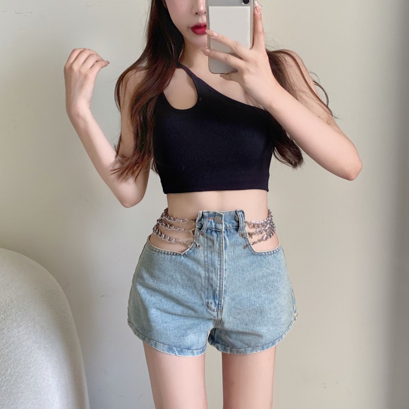 SALE- Quần shorts jeans cạp cap hở eo xích ngang