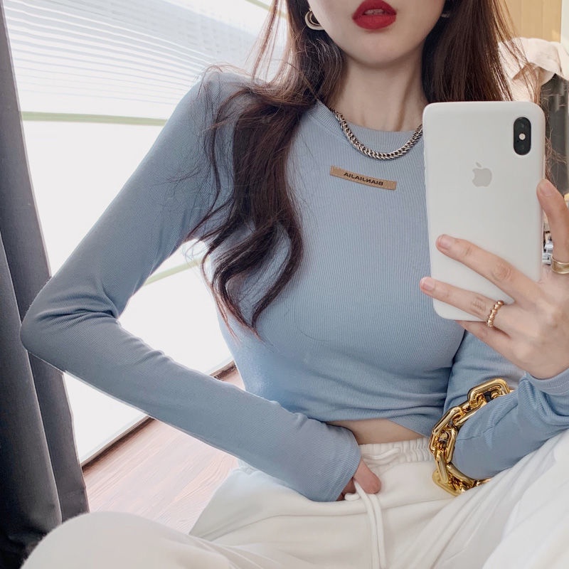 COZOK Áo thun tay dài màu trơn thời trang cho nữ