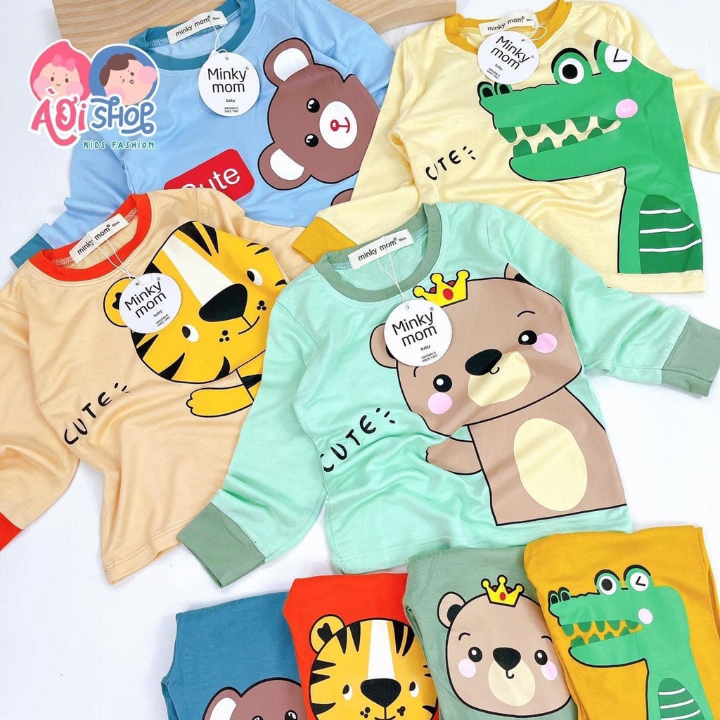Bộ dài tay Minky Mom chính hãng in hình thú ngộ nghĩnh bé trai, bé gái  size 3-18kg