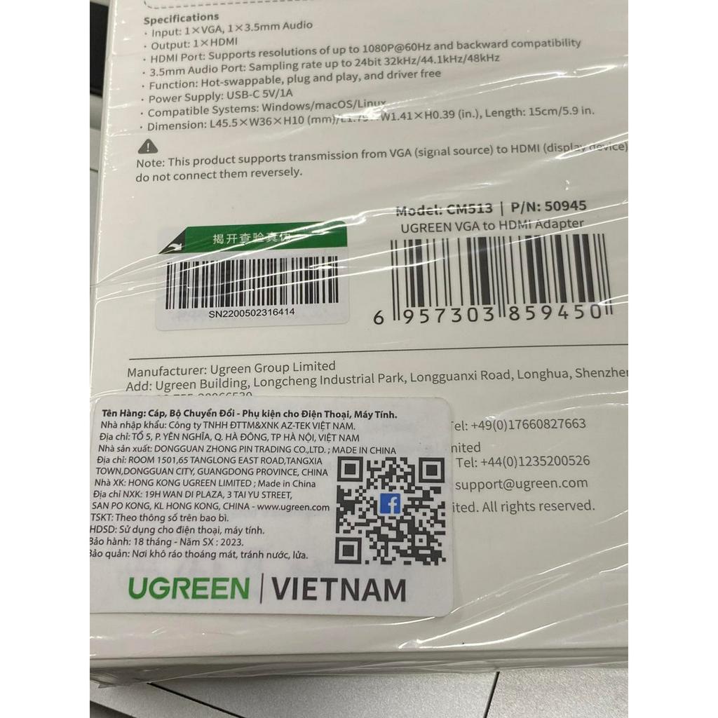 Cáp chuyển đổi VGA sang HDMI+Audio 1080P@60Hz Ugreen 50945 chính hãng bảo hành 18 tháng