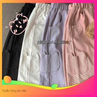 Basic quần shorts kaki hình gấu - quần kaki ống rộng ngố- quần đùi nữ